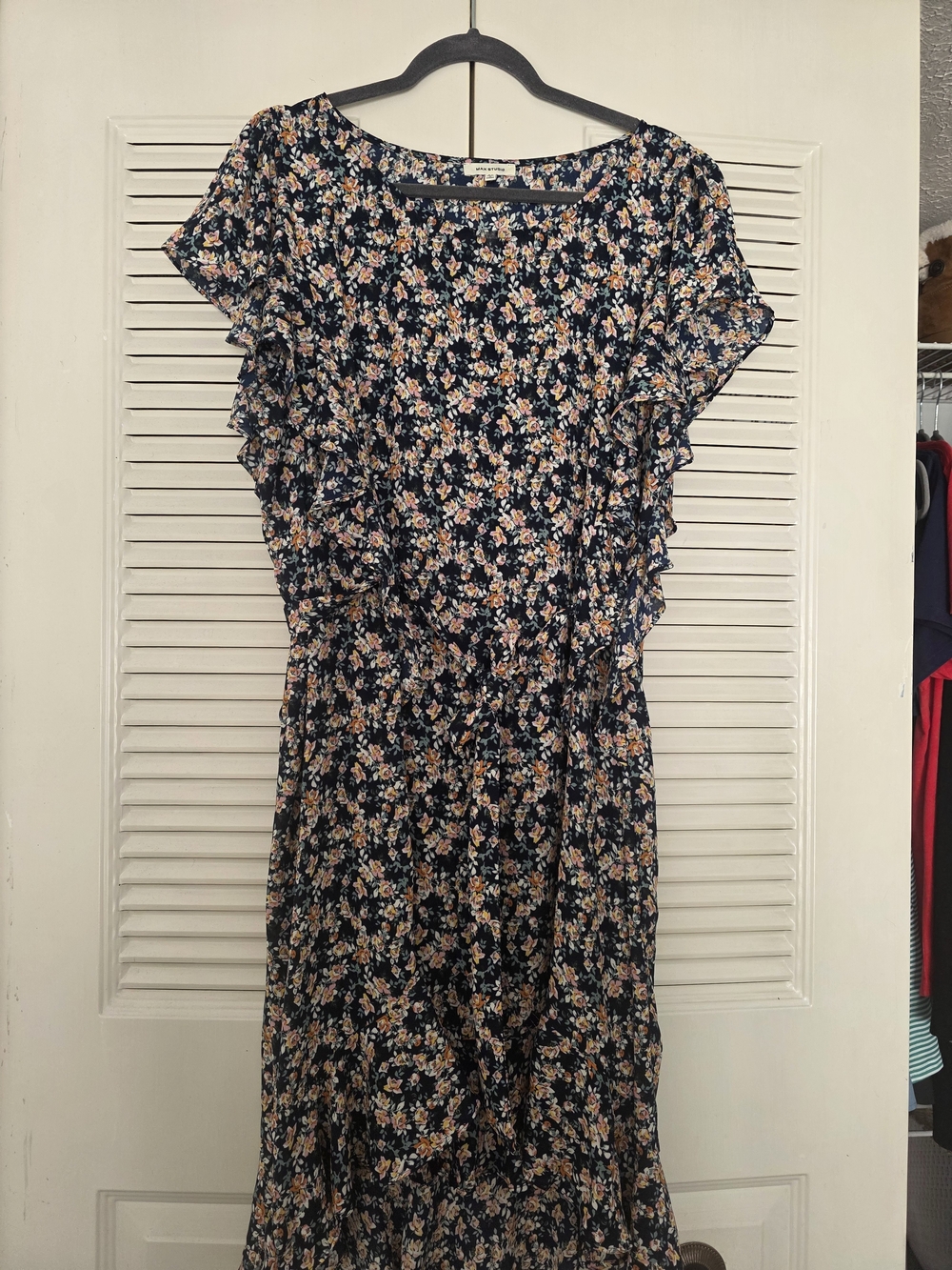 Max Studio Navy Floral Ruffle Midi Dress